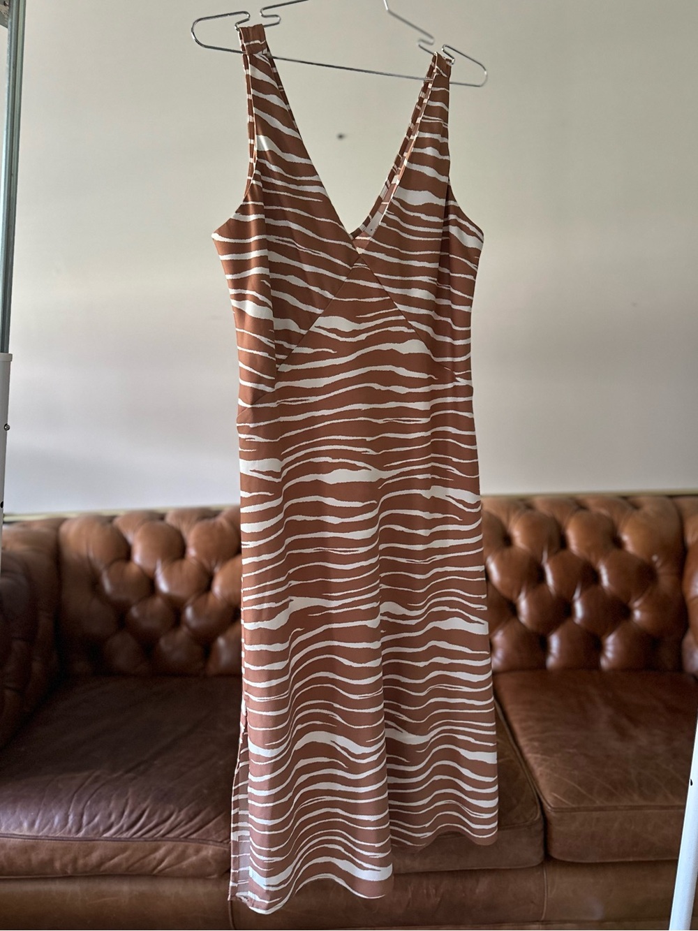 A New Day • Sleeveless Brown & White Zebra-Stripe Slip Dress (Size M)